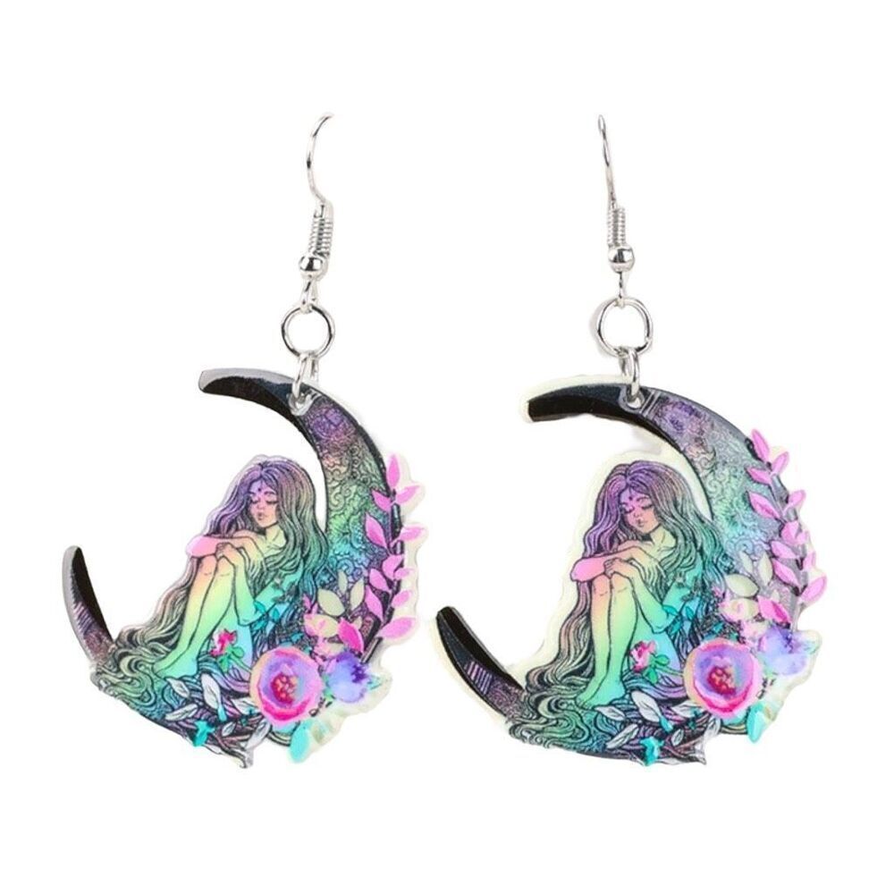 New Pastel Celestial Moon Woman Floral Drop Earrings Space Mystic Lunar Lady